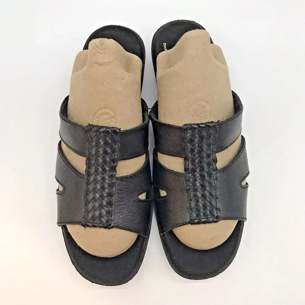 Dr. Scholl's Leather Wedge Sandals Women's 7M Black E3H-01 Comfort Slides Shoes